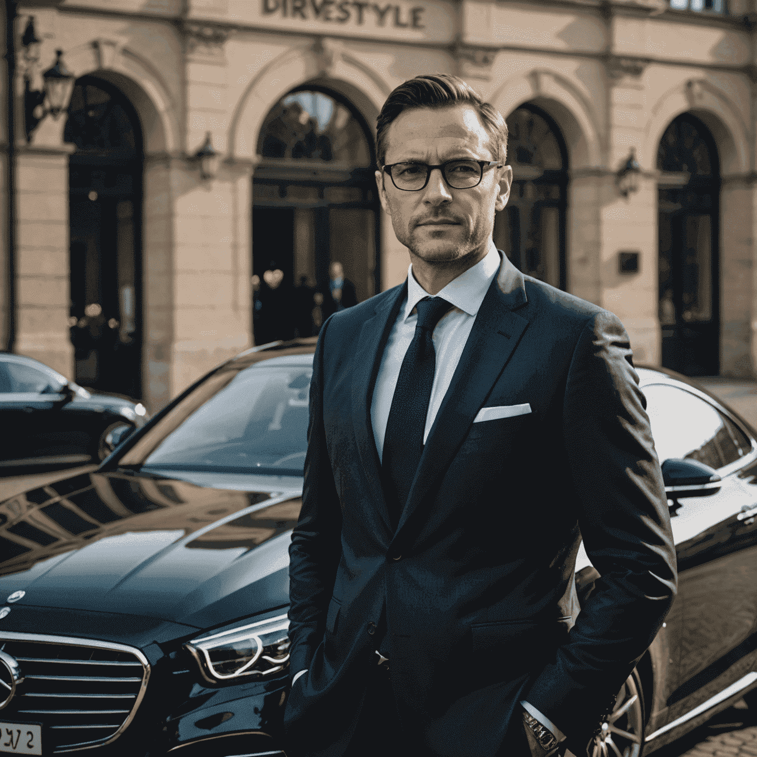 Porträt von Max Müller, CEO von DriveStyle_Germany. Ein Mann mittleren Alters mit kurzen dunklen Haaren und einer Brille, der einen dunklen Anzug trägt und vor einem Luxusauto steht.