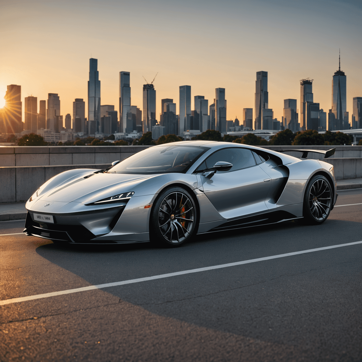 Ein glänzendes, aerodynamisches Luxusauto der Spitzenklasse für das Jahr 2024, fotografiert vor einer modernen Skyline bei Sonnenuntergang.