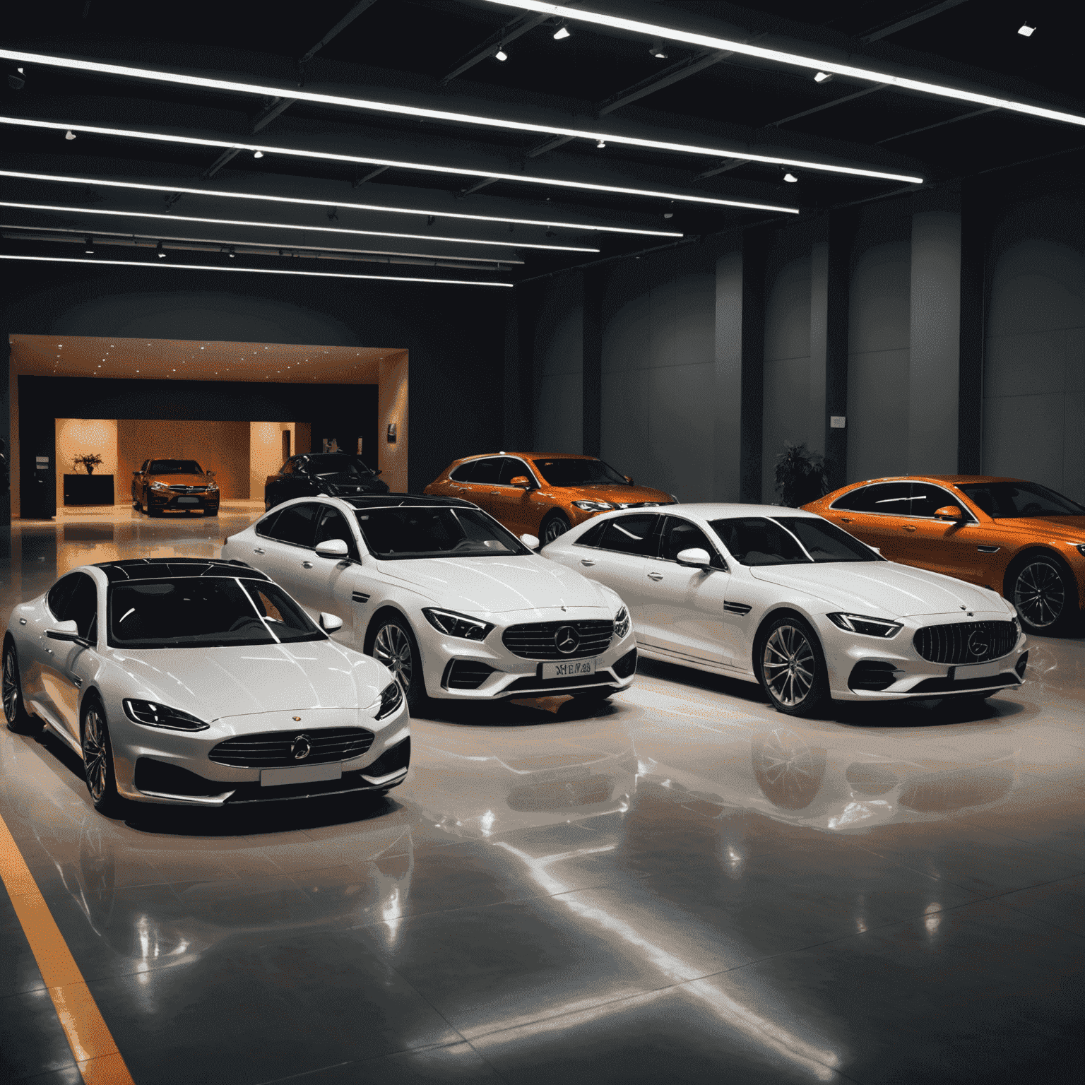 Fünf hochwertige Luxusautos in einer Reihe, glänzend unter Scheinwerfern in einem exklusiven Showroom