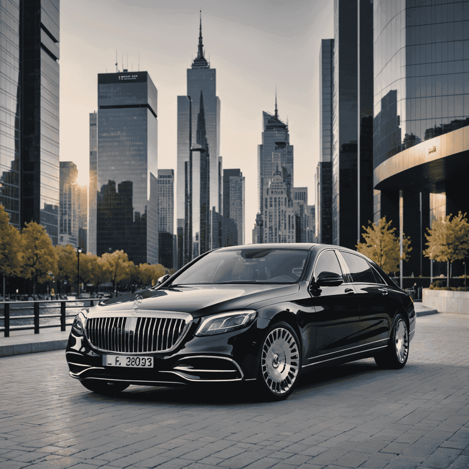 Mercedes-Maybach S-Klasse 2024 in elegantem Schwarz, vor einer modernen Skyline geparkt. Das Fahrzeug strahlt Luxus und Eleganz aus, mit glänzenden Chromdetails und einer majestätischen Präsenz.