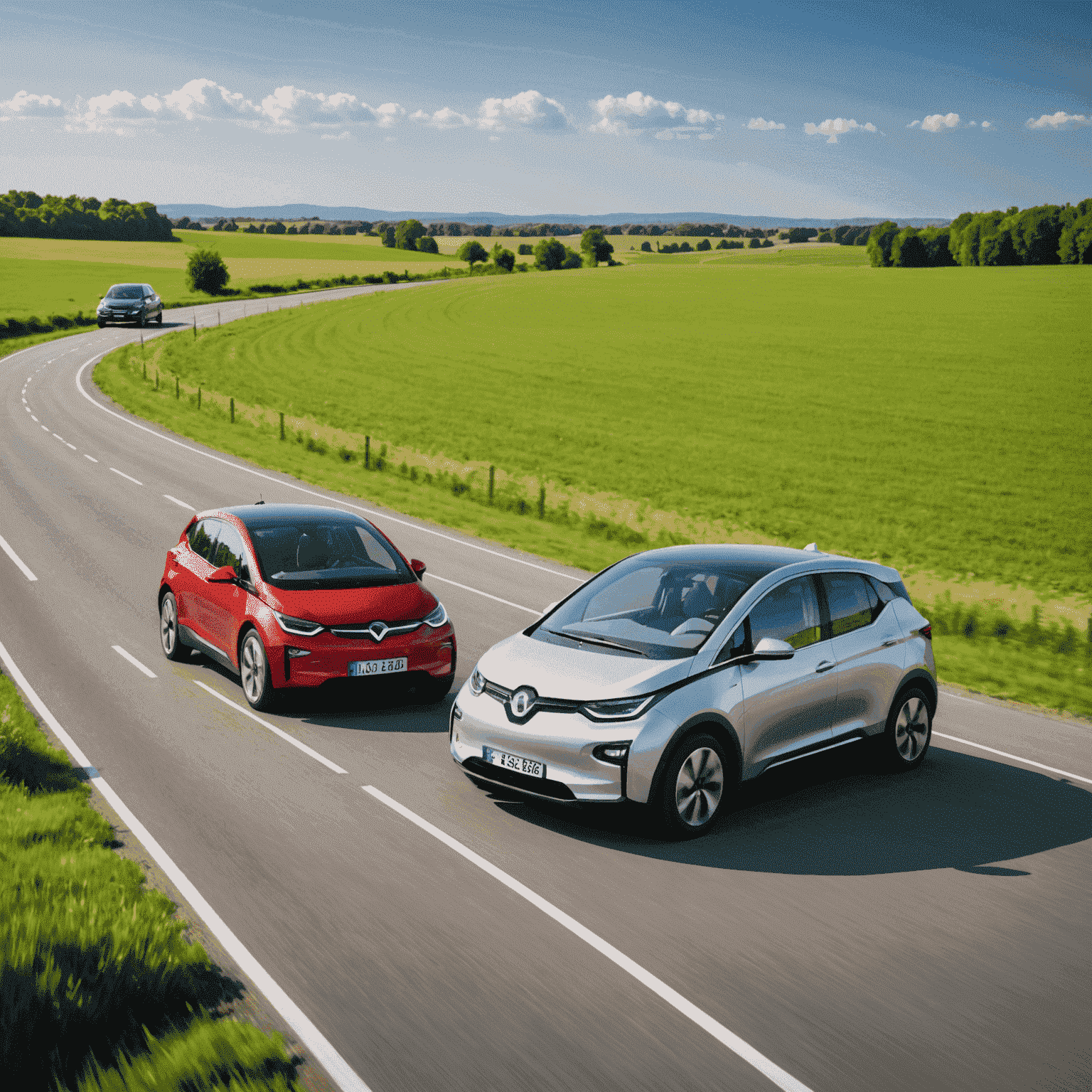 Ein modernes Elektroauto neben einem Hybridfahrzeug auf einer Straße, die durch eine grüne Landschaft führt. Das Elektroauto ist in einem glänzenden Silber, während das Hybridfahrzeug in einem satten Rot lackiert ist.