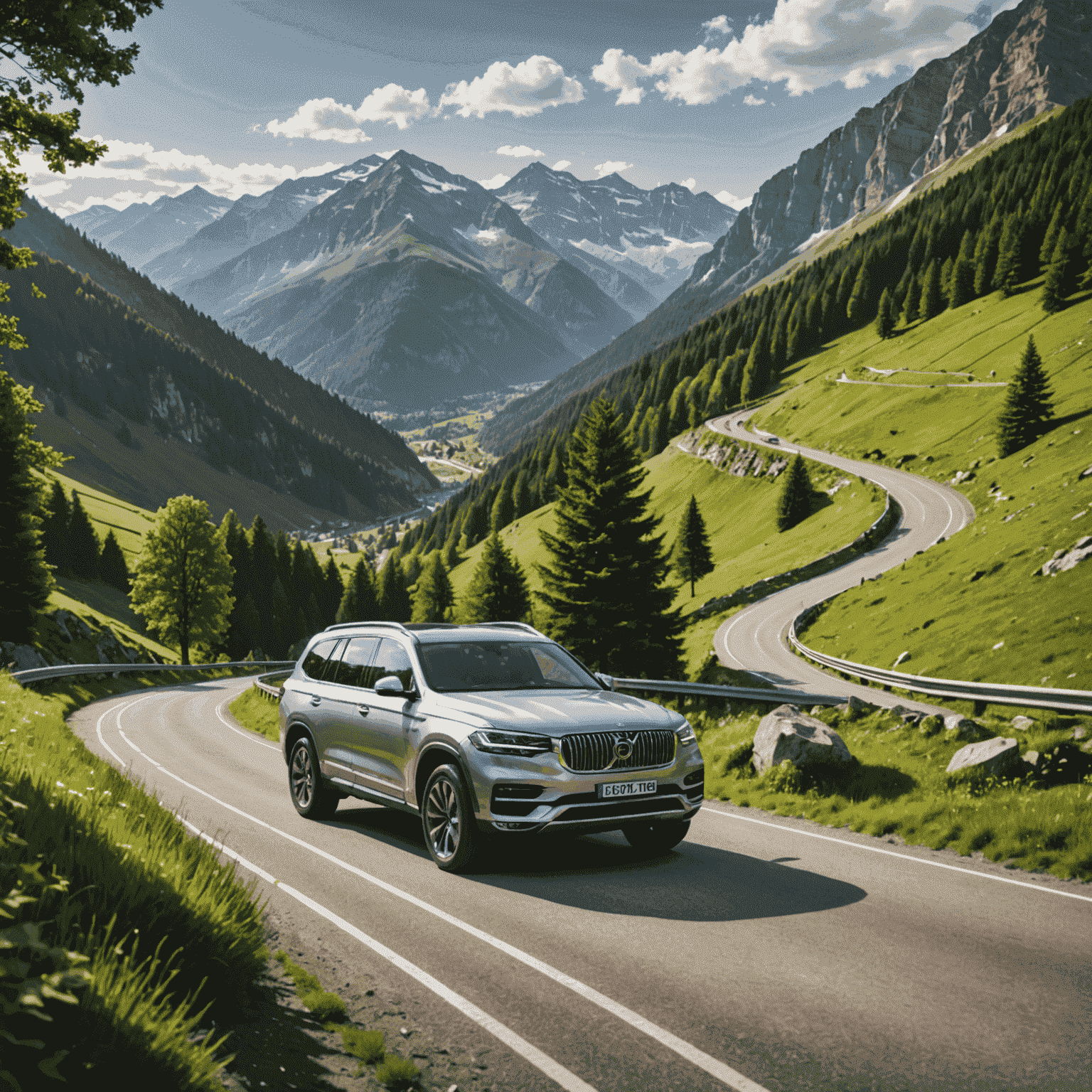 Ein silberner Familien-SUV auf einer malerischen Bergstraße, umgeben von grüner Landschaft. Das Fahrzeug strahlt Robustheit und Eleganz aus.