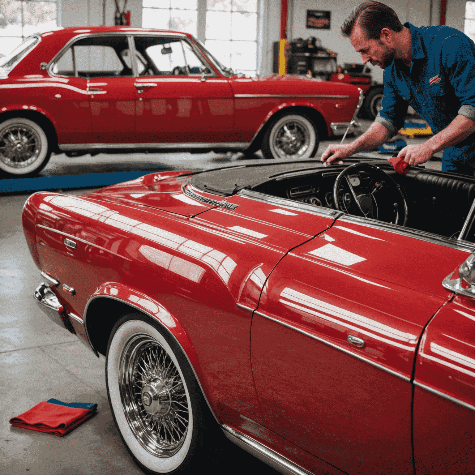 Ein glänzender roter Oldtimer wird von einem Experten mit einem Mikrofasertuch poliert. Im Hintergrund sind weitere klassische Autos in einer Garage zu sehen.
