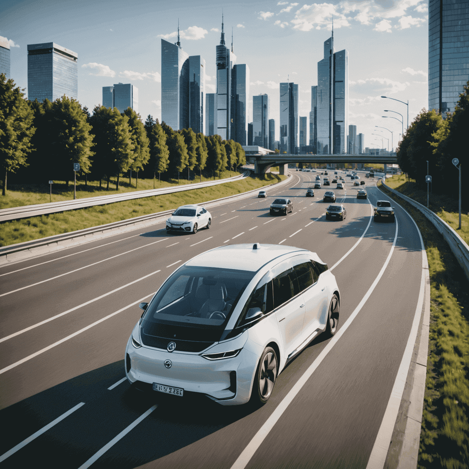 Futuristisches autonomes Fahrzeug auf einer deutschen Autobahn, umgeben von modernen Gebäuden und intelligenter Verkehrsinfrastruktur
