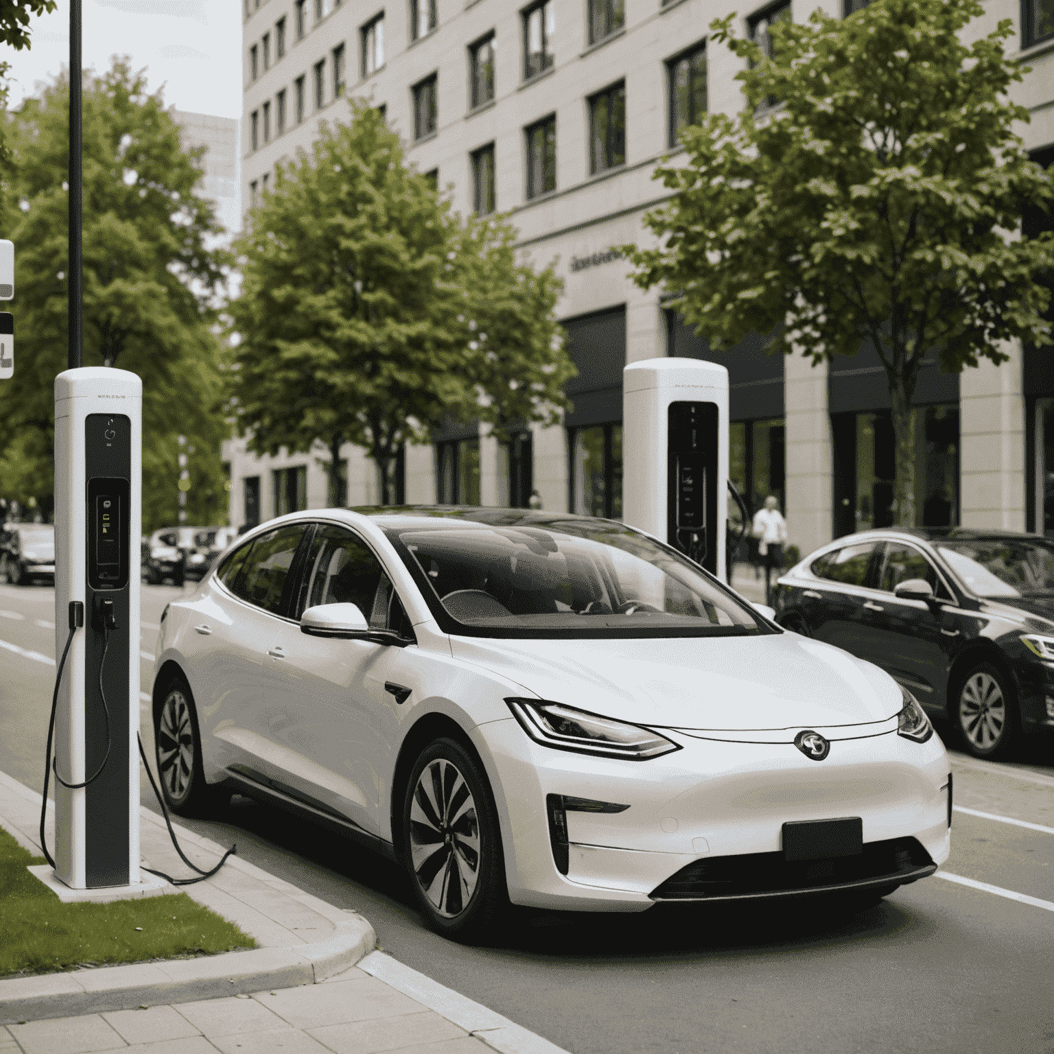 Eine Splitscreen-Darstellung eines modernen Elektroautos neben einem fortschrittlichen Hybridfahrzeug, beide an Ladestationen angeschlossen.