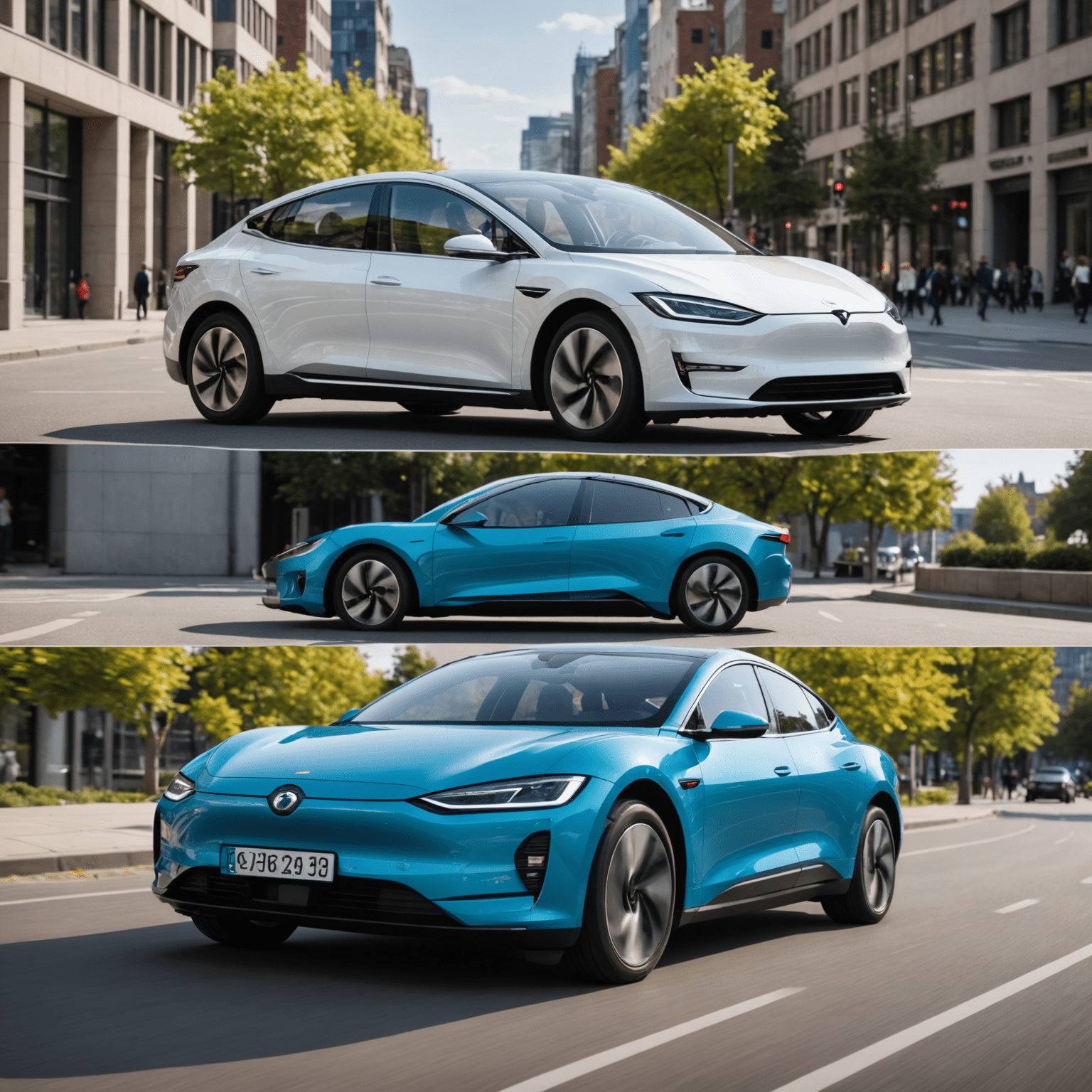 Split-Screen-Darstellung: links ein modernes Elektroauto, rechts ein fortschrittliches Hybridfahrzeug, beide mit sichtbaren technischen Details