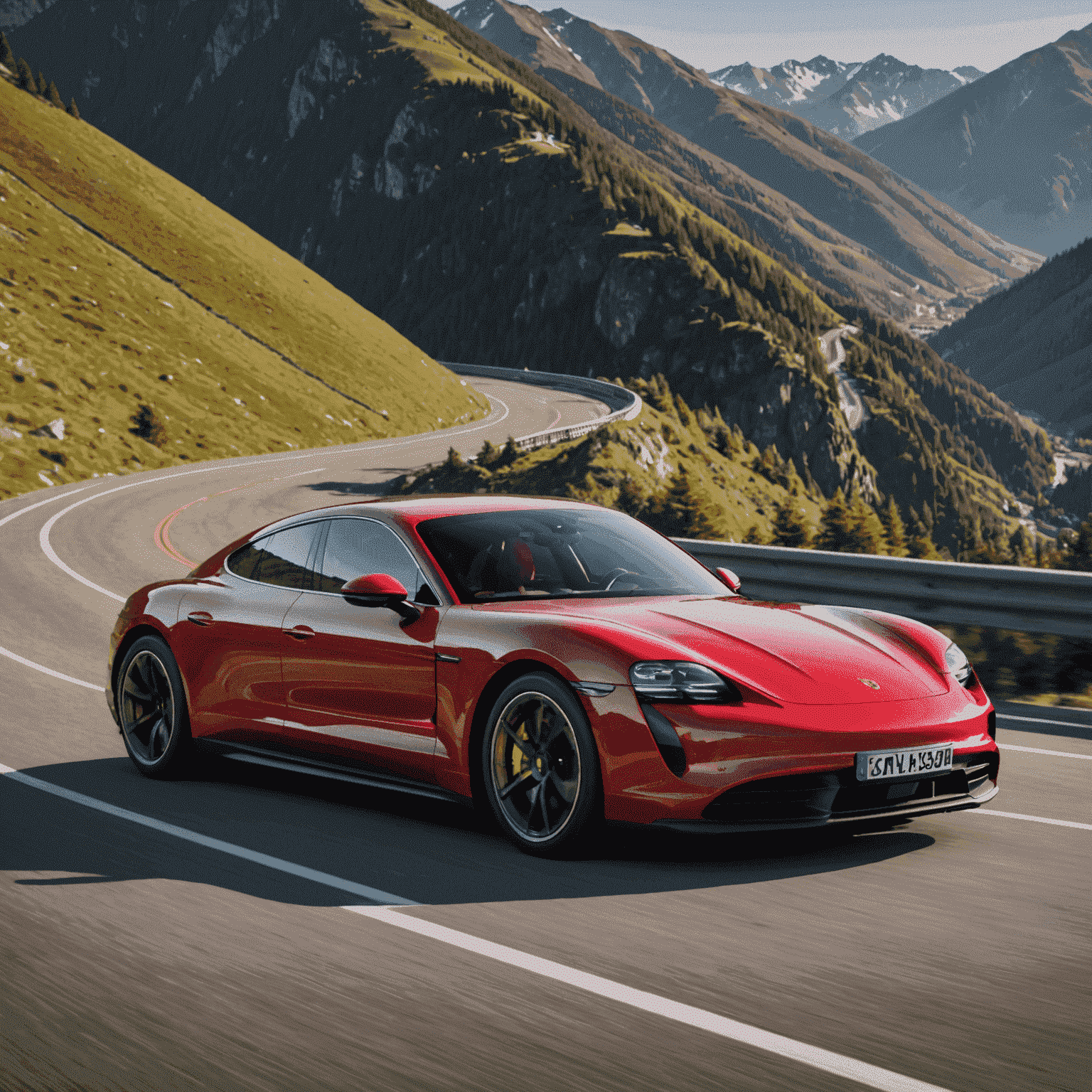 Porsche Taycan Turbo S 2024 in strahlendem Rot, auf einer kurvigen Bergstraße. Das elektrische Sportcoupé zeigt seine aerodynamische Silhouette und sportliche Stance, bereit für Höchstleistungen.