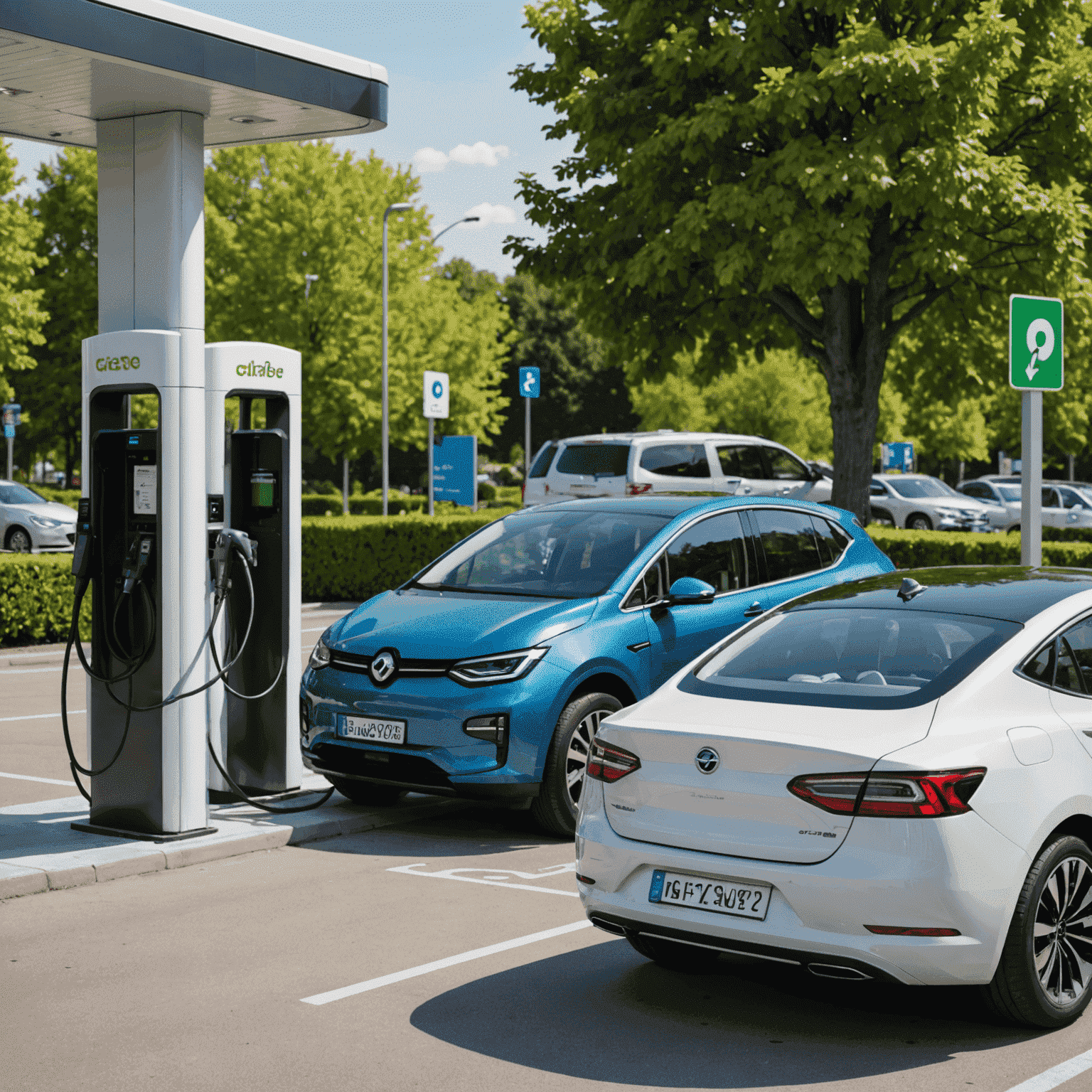 Split-Screen-Bild: Links eine Elektroauto-Ladestation in einer modernen Umgebung, rechts eine traditionelle Tankstelle mit einem Hybridfahrzeug.