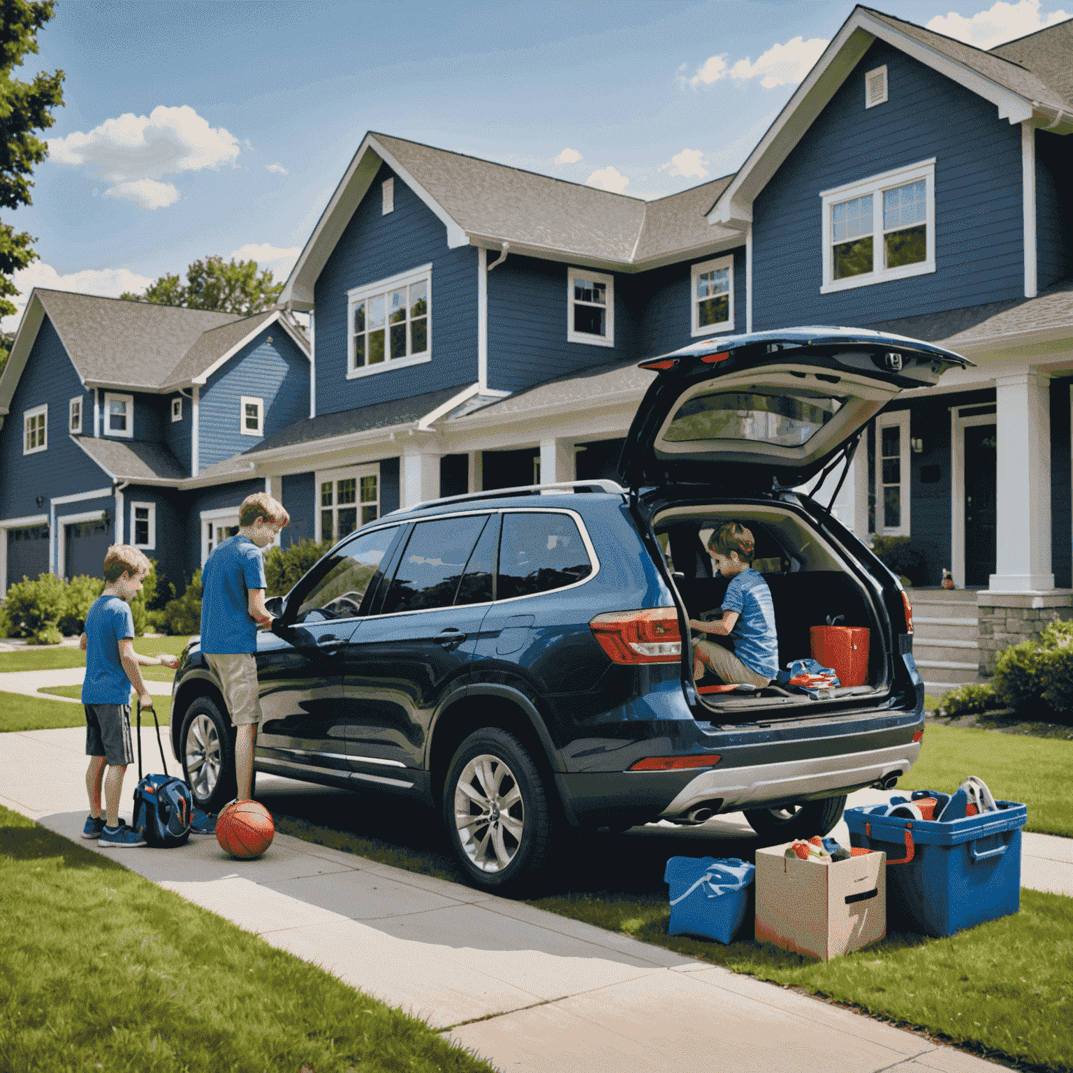 Ein dunkelblauer Familien-SUV parkt vor einem modernen Einfamilienhaus. Kinder laden fröhlich Sportausrüstung in den geöffneten Kofferraum.