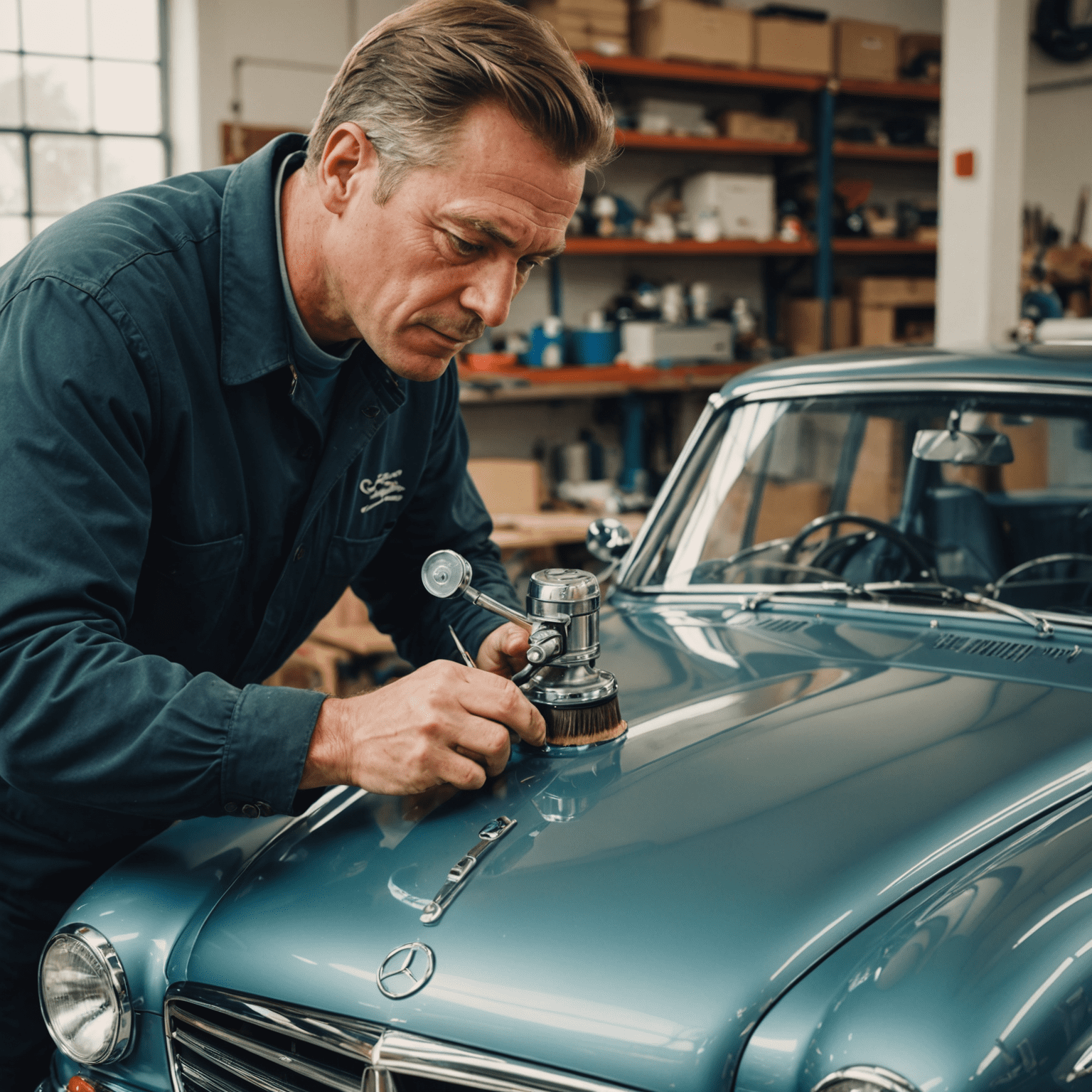 Nahaufnahme eines Mannes, der vorsichtig den Lack eines klassischen Mercedes-Benz mit einer Poliermaschine bearbeitet. Der Lack glänzt im Licht der Werkstatt.