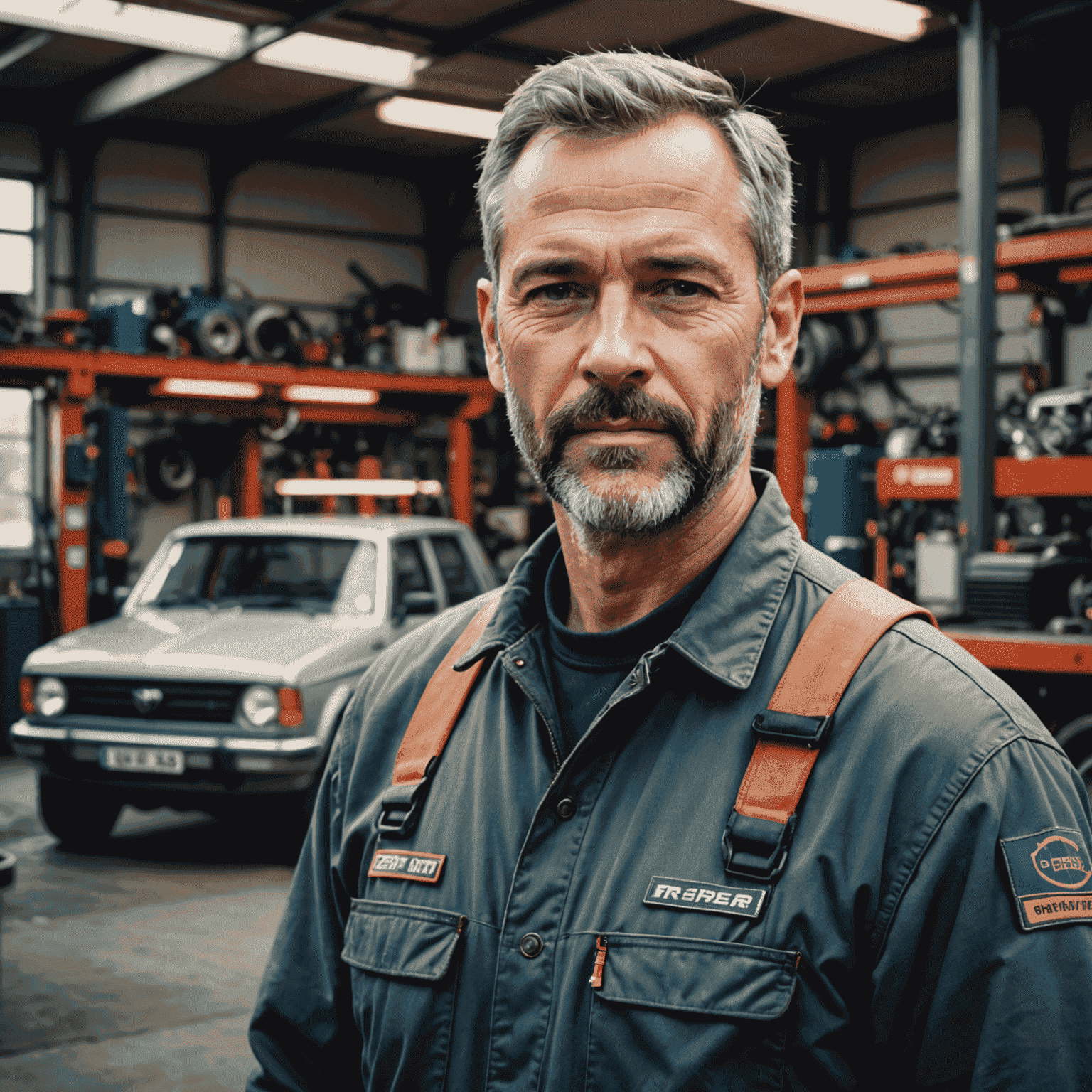 Porträt von Thomas Weber, Cheftechniker. Ein Mann in den Vierzigern mit kurzen grauen Haaren und Bart, der einen Mechanikeroverall trägt und vor einer Fahrzeugwerkstatt steht.