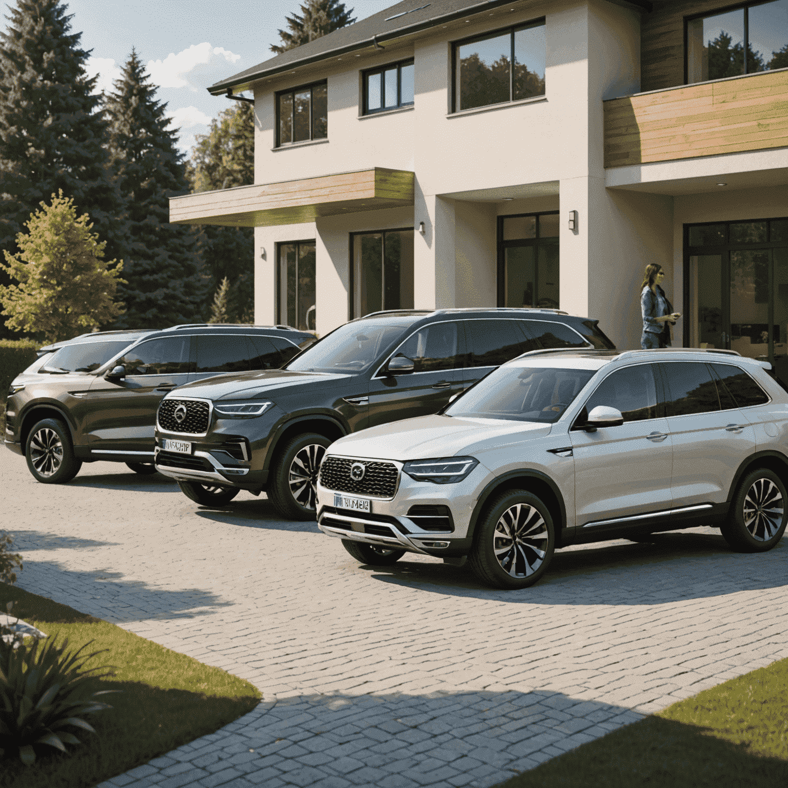Drei moderne SUVs nebeneinander, mit geöffneten Türen und sichtbarem geräumigen Innenraum, im Hintergrund eine glückliche Familie