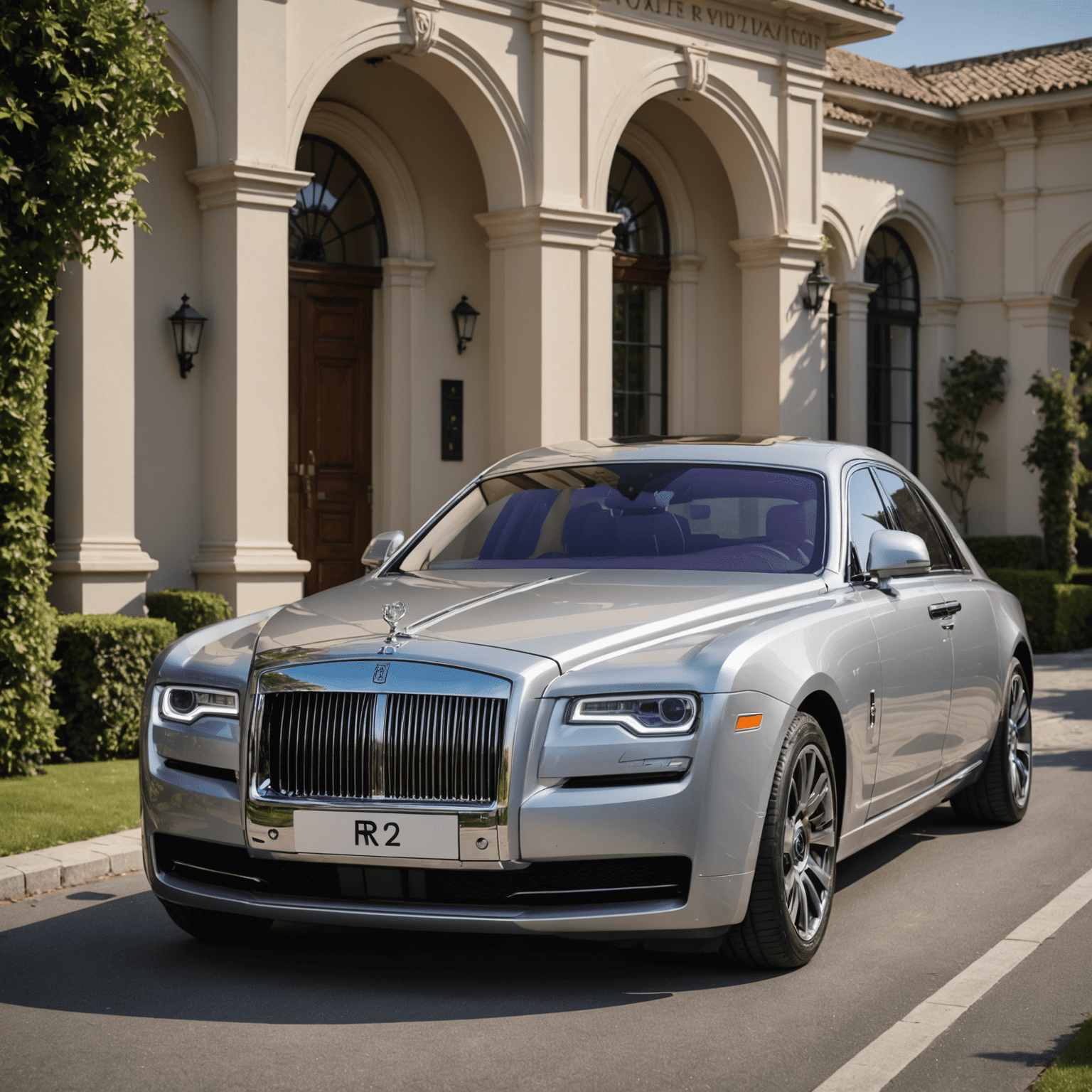 Rolls-Royce Ghost 2024 in klassischem Silber, vor einer luxuriösen Villa. Die markante Kühlergrille und die imposante Frontpartie strahlen zeitlose Eleganz und höchsten Luxus aus.