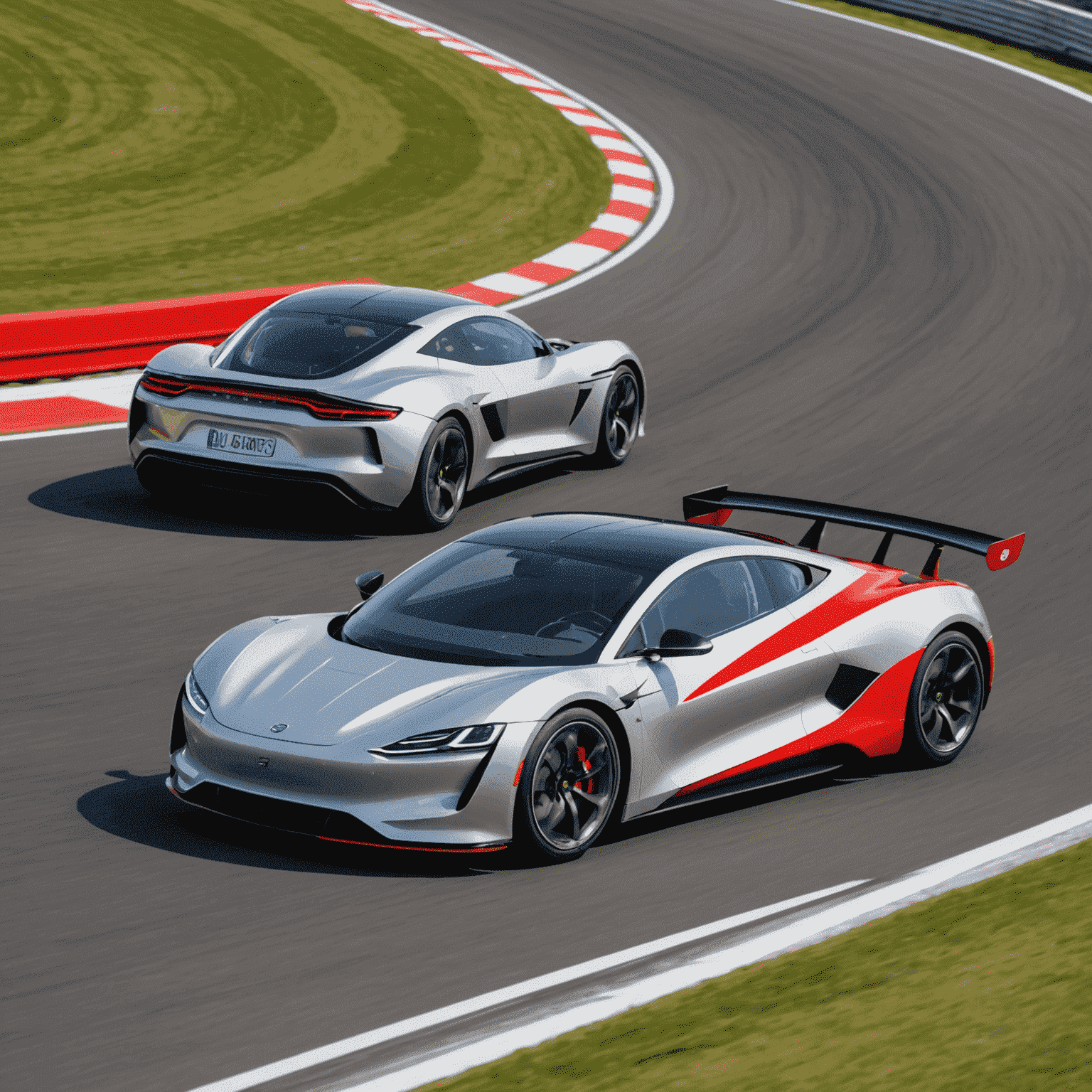 Zwei Fahrzeuge in einer Kurve auf einer Rennstrecke: Ein aerodynamisches Elektroauto in Silber überholt gerade ein rotes Hybridfahrzeug.