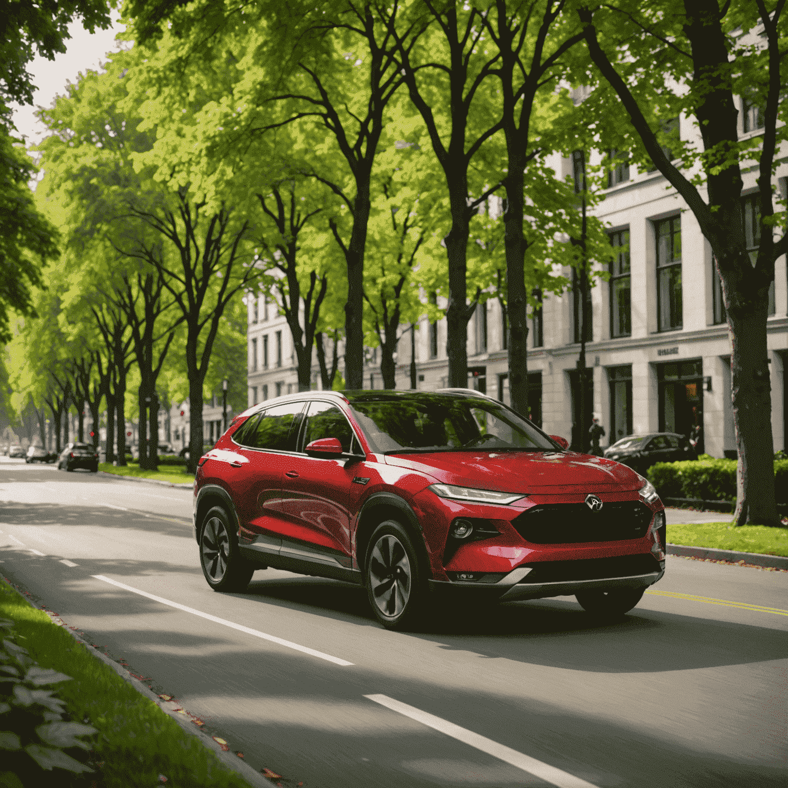 Ein roter Hybrid-SUV fährt durch eine grüne Allee. Das Display im Cockpit zeigt den aktiven Elektromodus an, symbolisiert durch grüne Blätter.