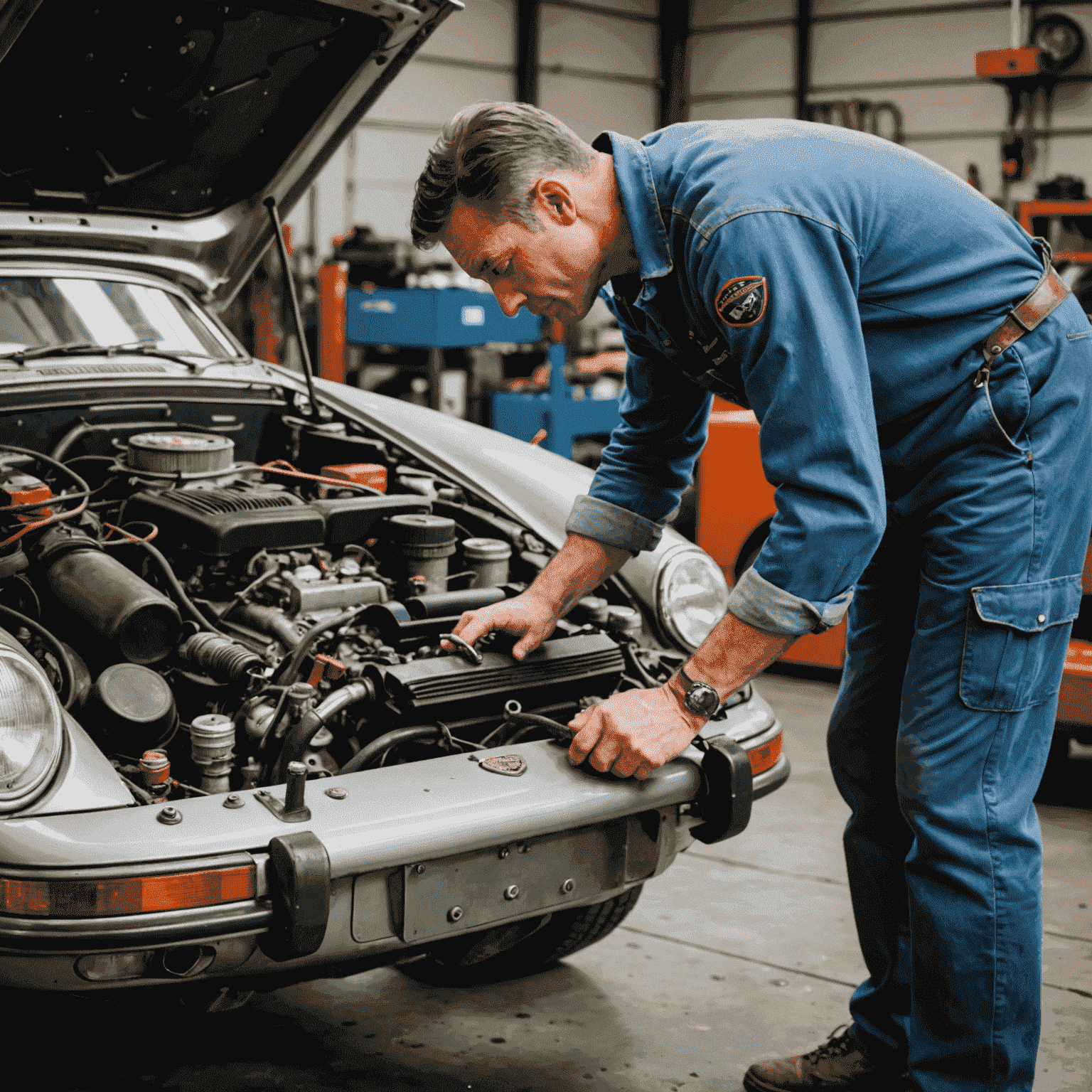 Ein Mechaniker in Overalls beugt sich über den geöffneten Motorraum eines klassischen Porsche 911. Verschiedene Werkzeuge liegen ordentlich auf einem Tisch daneben.