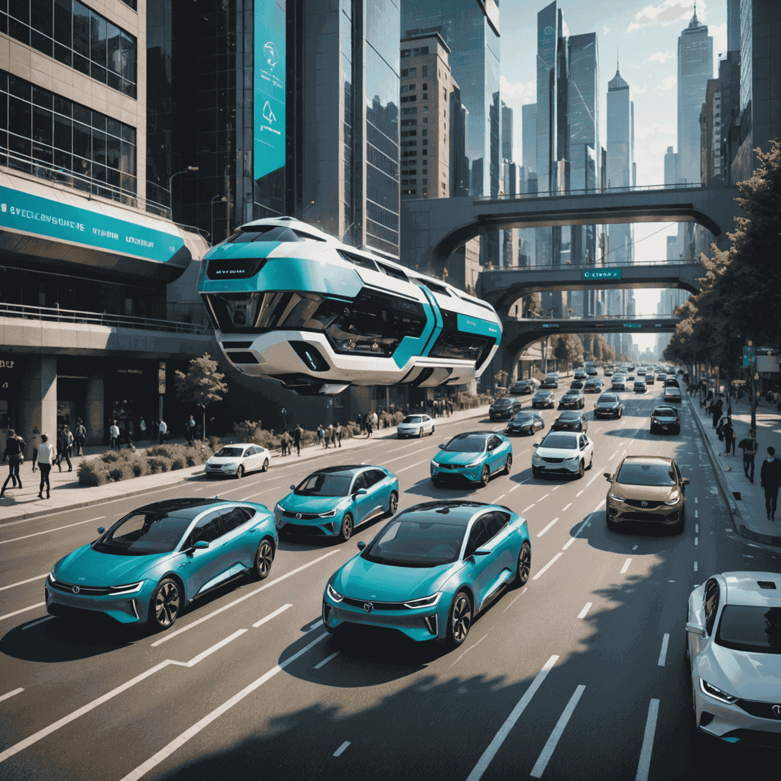 Futuristische Stadtlandschaft mit autonomen Fahrzeugen verschiedener Klassen, die harmonisch im Verkehr interagieren