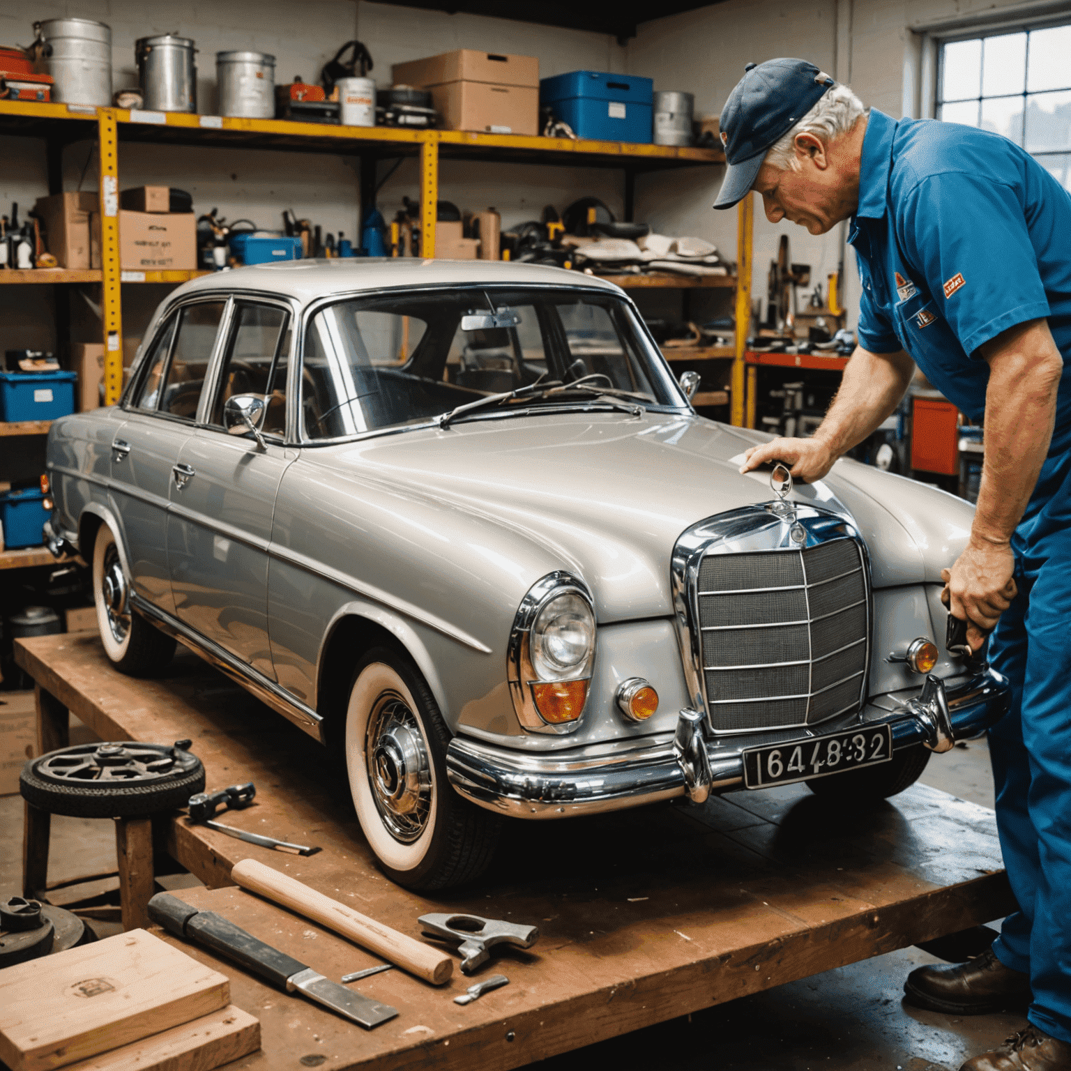 Ein glänzender Oldtimer-Mercedes wird von einem Experten sorgfältig poliert, umgeben von Pflegeprodukten und Werkzeugen