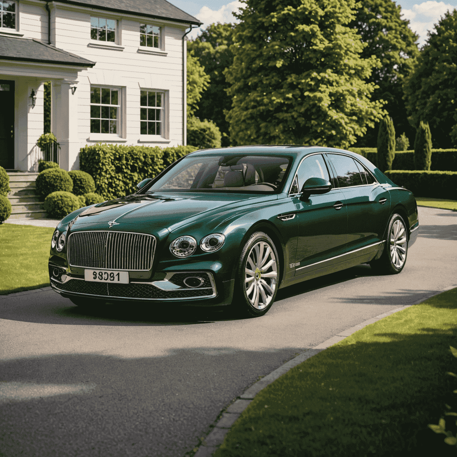 Bentley Flying Spur Mulliner 2024 in British Racing Green, auf einer exklusiven Auffahrt. Die markanten Linien und die imposante Präsenz des Fahrzeugs unterstreichen seinen Status als Luxuslimousine der Spitzenklasse.