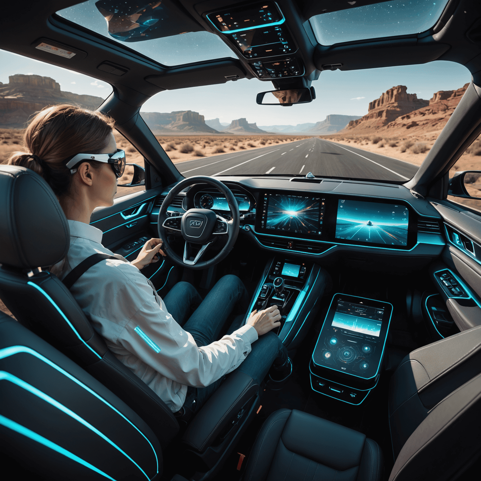 Futuristisches Cockpit eines autonomen Fahrzeugs mit holografischen Displays und einer Person, die entspannt liest, während das Auto fährt