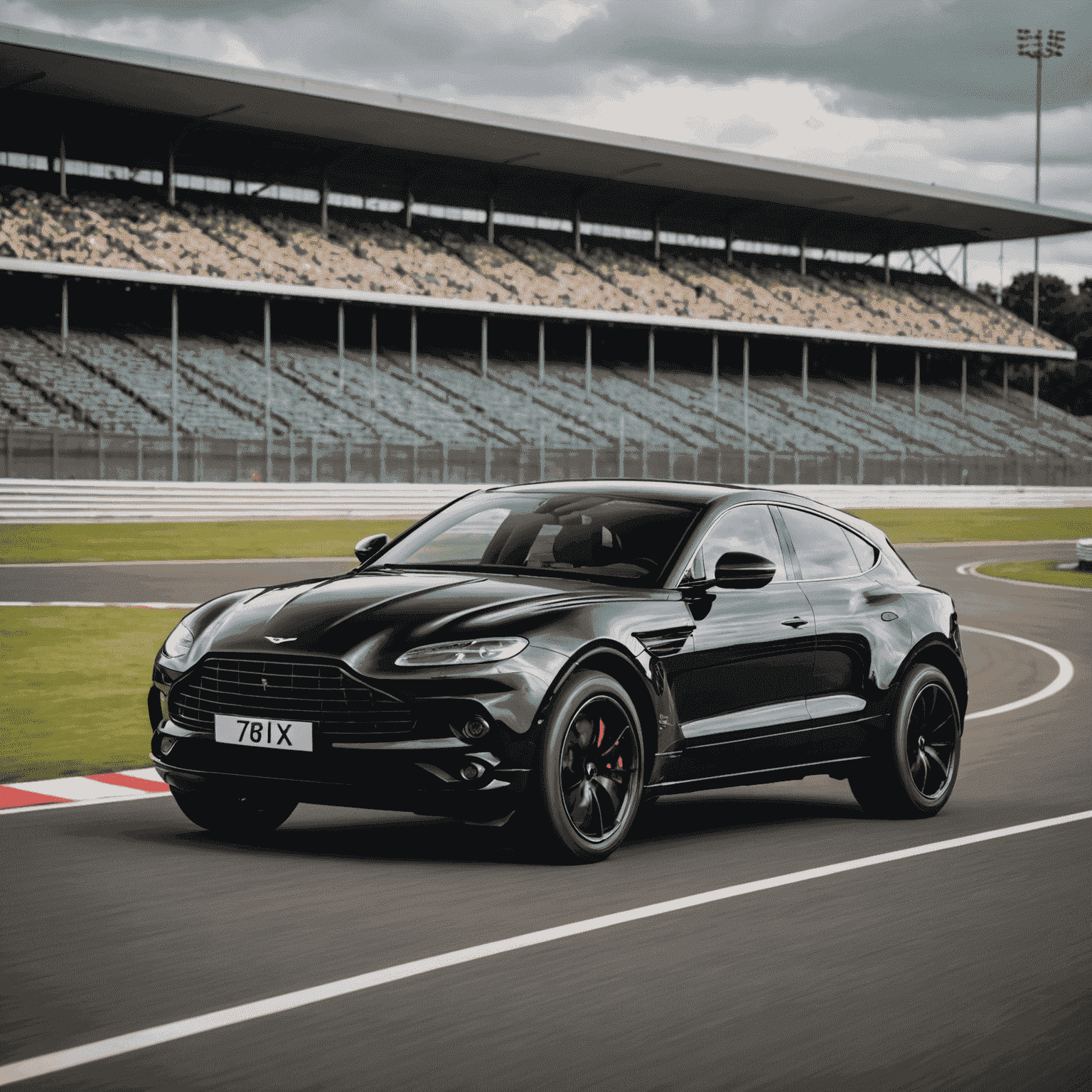 Aston Martin DBX707 2024 in Onyx Black, auf einer Rennstrecke. Der leistungsstarke Luxus-SUV zeigt seine muskulöse Erscheinung und sportliche Ausrichtung, bereit für Höchstleistungen auf und abseits der Straße.